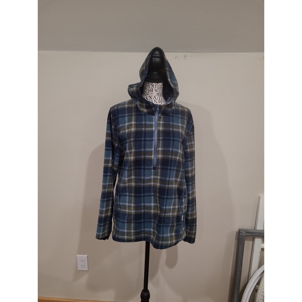 O'Neill Women SZ M Blue Plaid hooded 1/4 Zip Fleece Pullover Gorp outdoorsy hike
